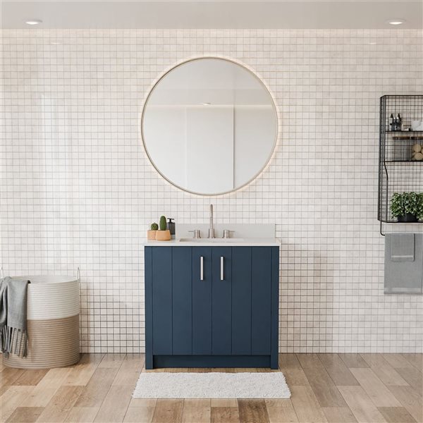 Urba 36-in Solid Oak Freestanding Vanity in Navy-White Quartz Top and Brushed Nickel Hardware