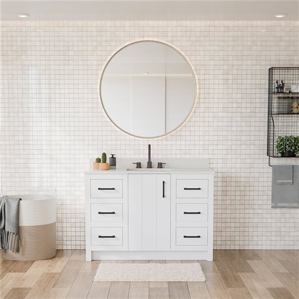 Urba 48-in Solid Oak Freestanding Vanity in White-White Quartz Top and Matte Black Hardware