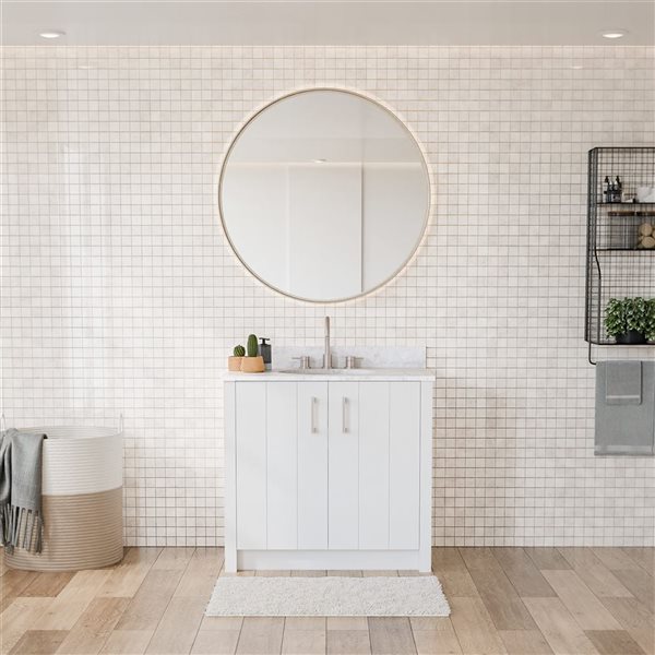 Urba 36-in Solid Oak Freestanding Vanity in White-White Marble Top and Brushed Nickel Hardware