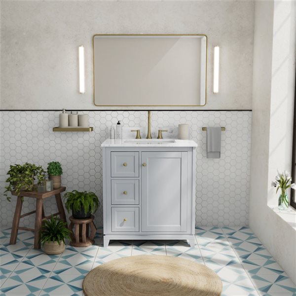 Vanuria 30-in Solid Oak Freestanding Vanity in Light Grey-White Marble Top and Brushed Gold Hardware