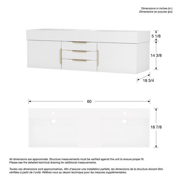 Zidea 60-in Solid Oak Floating Vanity in White w/White Solid Top
