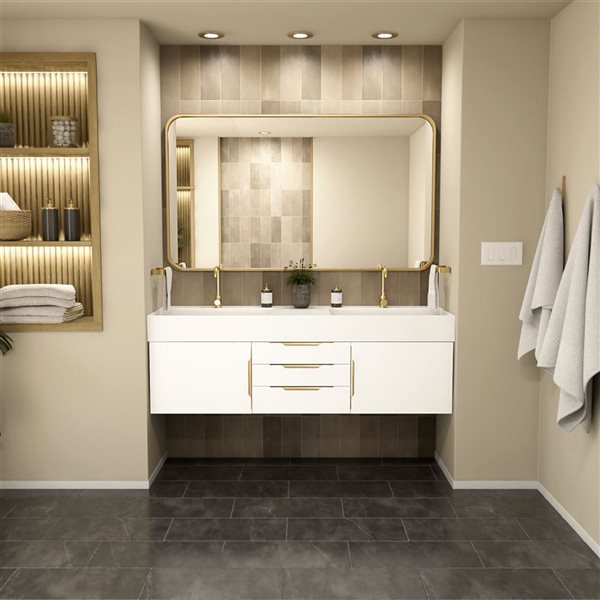 Zidea 60-in Solid Oak Floating Vanity in White w/White Solid Top