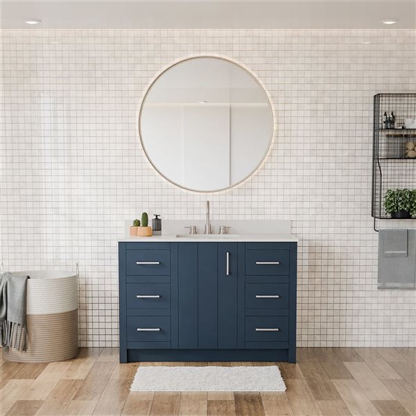 Urba 48-in Solid Oak Freestanding Vanity in Navy-White Quartz Top and Brushed Nickel Hardware
