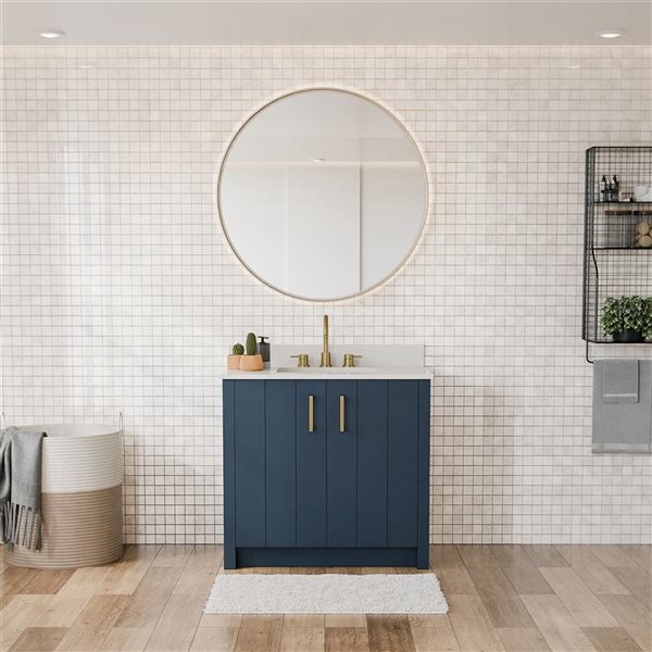 Urba 36-in Solid Oak Freestanding Vanity in Navy-White Quartz Top and Brushed Gold Hardware