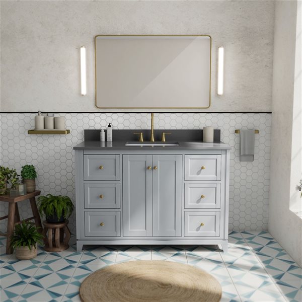 Vanuria 48-in Solid Oak Freestanding Vanity in Light Grey-Grey Quartz Top and Brushed Gold Hardware