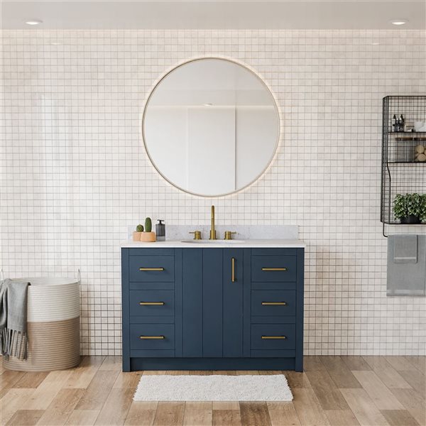 Urba 48-in Solid Oak Freestanding Vanity in Navy-White Marble Top and Brushed Gold Hardware