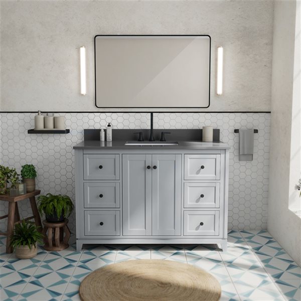 Vanuria 48-in Solid Oak Freestanding Vanity in Light Grey-Grey Quartz Top and Matte Black Hardware