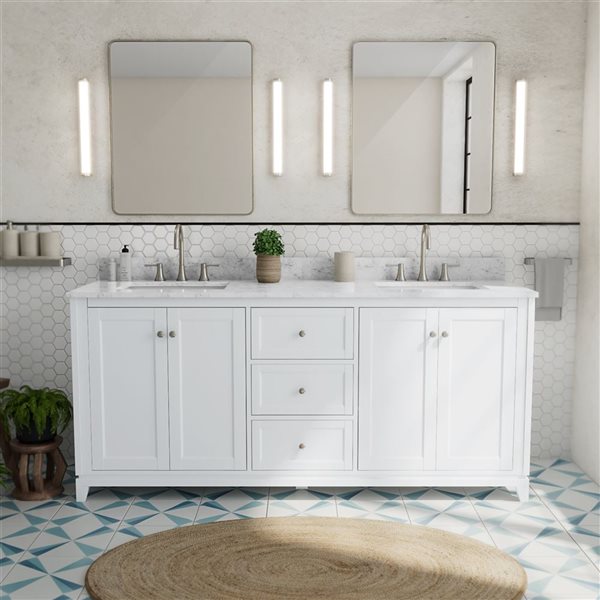 Vanuria 72-in Solid Oak Freestanding Vanity in White-White Marble Top and Brushed Nickel Hardware