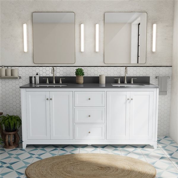 Vanuria 72-in Solid Oak Freestanding Vanity in White-Grey Quartz Top and Brushed Nickel Hardware
