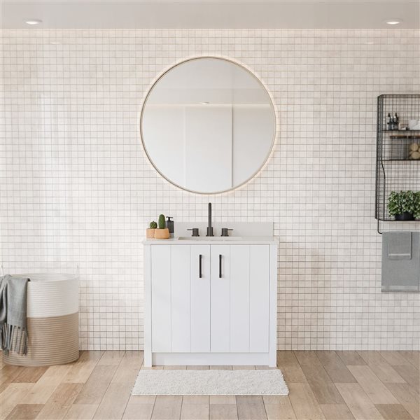 Urba 36-in Solid Oak Freestanding Vanity in White-White Quartz Top and Matte Black Hardware
