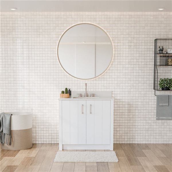 Urba 36-in Solid Oak Freestanding Vanity in White-White Quartz Top and Brushed Nickel Hardware