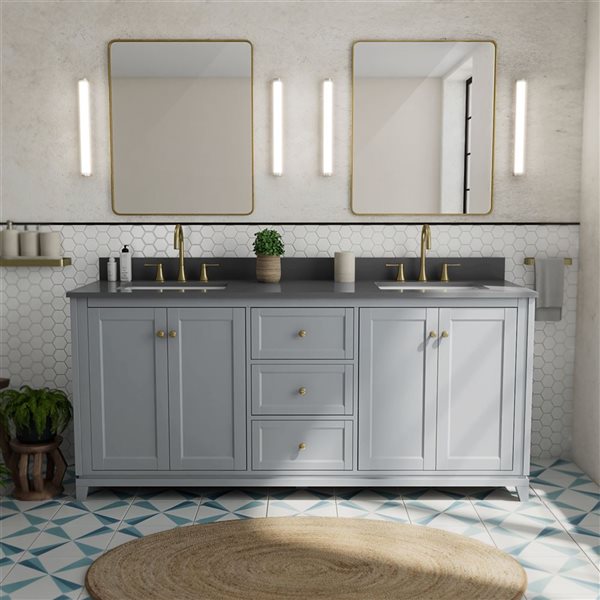 Vanuria 72-in Solid Oak Freestanding Vanity in Light Grey-Grey Quartz Top and Brushed Gold Hardware