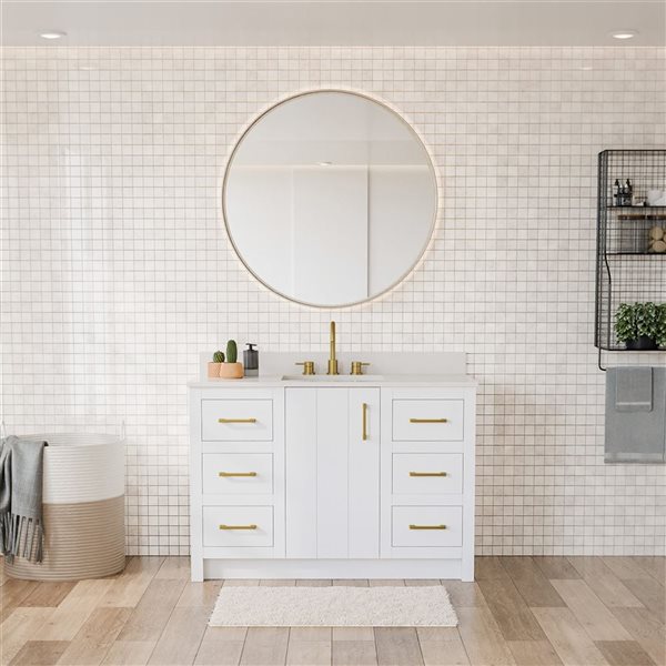 Urba 48-in Solid Oak Freestanding Vanity in White-White Quartz Top and Brushed Gold Hardware