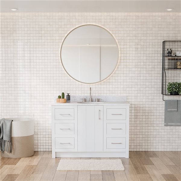 Urba 48-in Solid Oak Freestanding Vanity in White-White Marble Top and Brushed Nickel Hardware