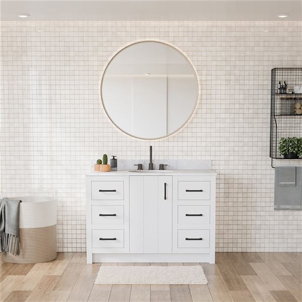 Urba 48-in Solid Oak Freestanding Vanity in White-White Marble Top and Matte Black Hardware