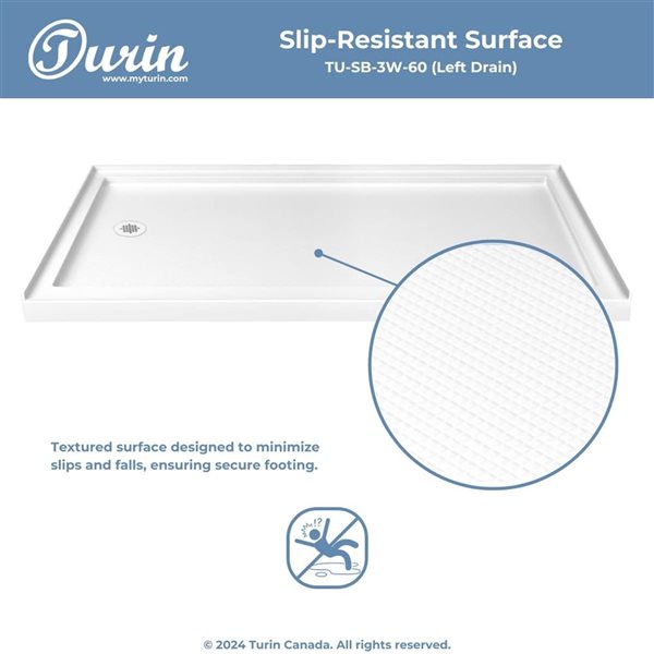 Turin LowStep 60x34x2.5-in Slip-Resistant Acrylic Alcove Shower Base w/ Left Drain - White