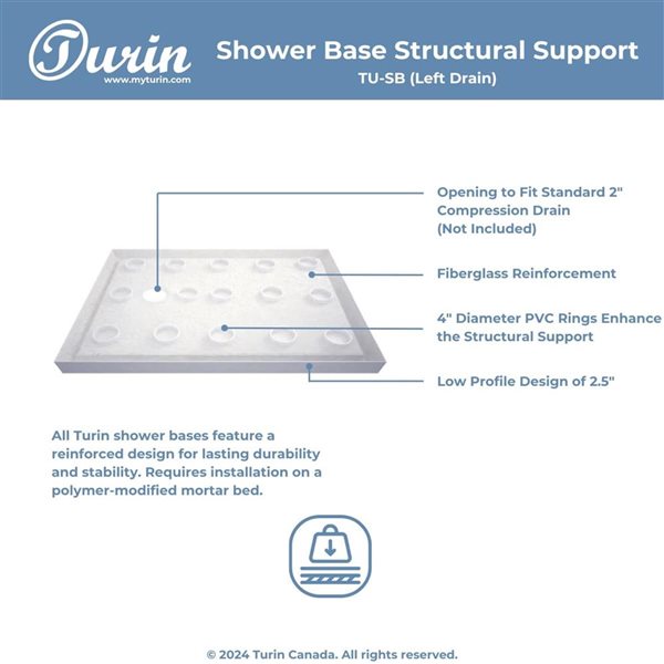 Turin LowStep 60x34x2.5-in Slip-Resistant Acrylic Alcove Shower Base w/ Left Drain - White