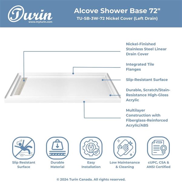 Turin LinearLux 72x48x3.5-in Slip-Resistant Acrylic Alcove Shower Base w/ Left Drain + Nickel Cover - White