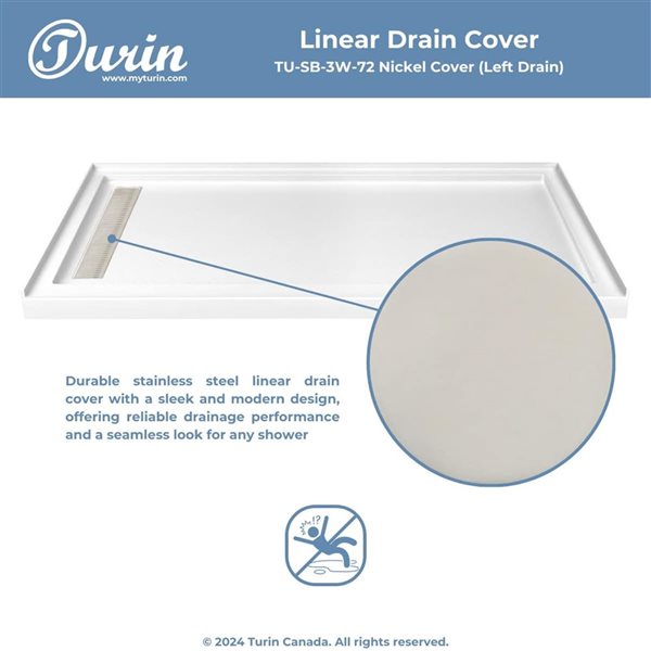 Turin LinearLux 72x48x3.5-in Slip-Resistant Acrylic Alcove Shower Base w/ Left Drain + Nickel Cover - White