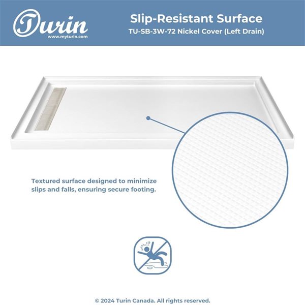 Turin LinearLux 72x48x3.5-in Slip-Resistant Acrylic Alcove Shower Base w/ Left Drain + Nickel Cover - White