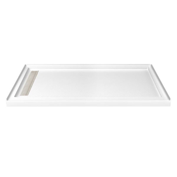 Turin LinearLux 72x48x3.5-in Slip-Resistant Acrylic Alcove Shower Base w/ Left Drain + Nickel Cover - White