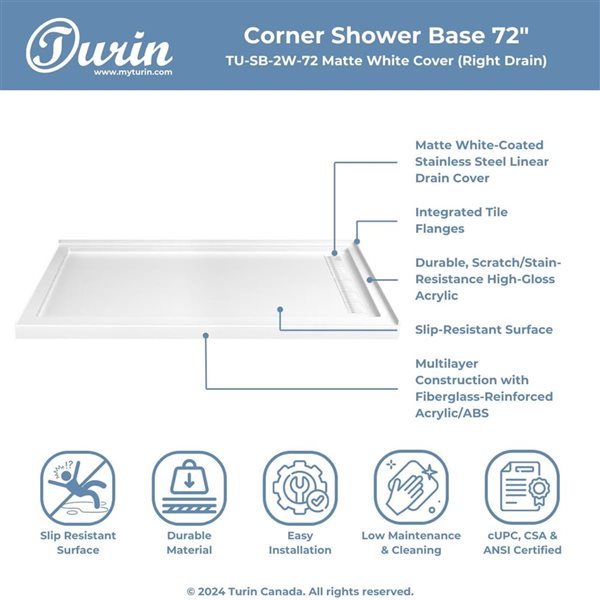 Turin LinearLux 72 x 35 x 3.5-in Acrylic Corner Slip-Resistant Shower Base w/ Right Drain and White Cover - White
