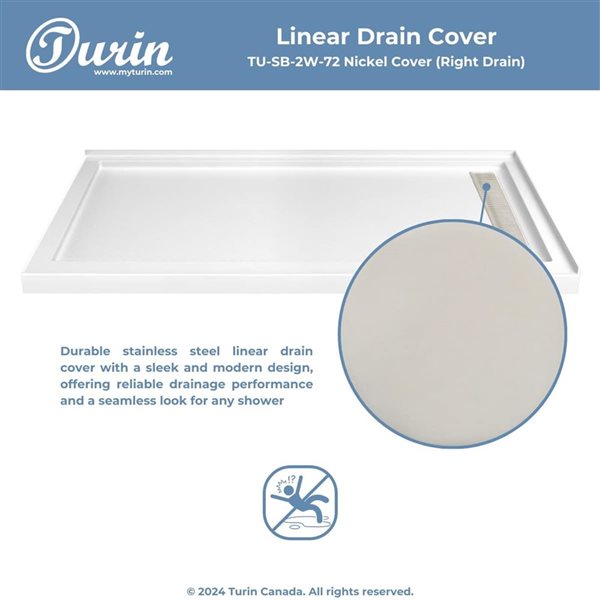 Turin LinearLux 72 x 35 x 3.5-in Acrylic Corner Slip-Resistant Shower Base w/ Right Drain and White Cover - White