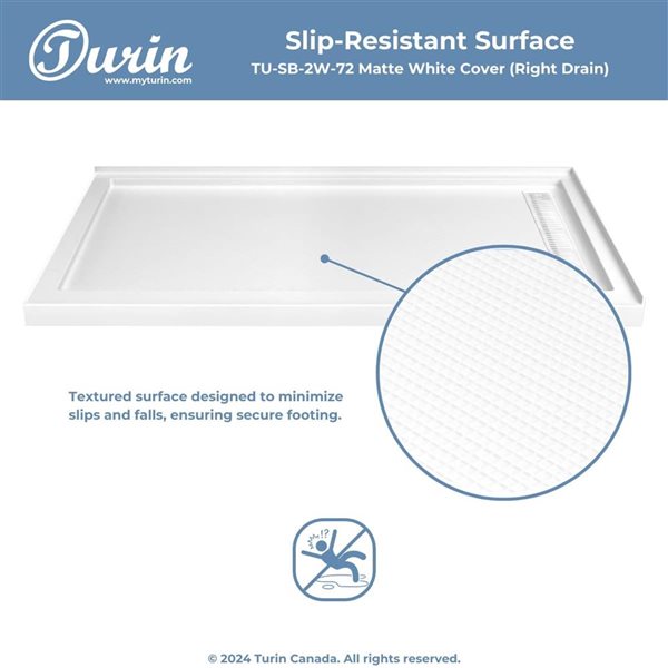 Turin LinearLux 72 x 35 x 3.5-in Acrylic Corner Slip-Resistant Shower Base w/ Right Drain and White Cover - White