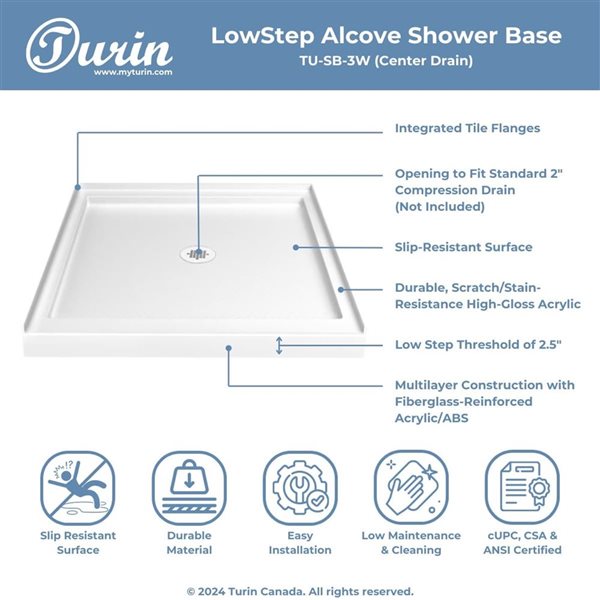Turin LowStep 32x32x2.5-in Slip-Resistant Acrylic Alcove Shower Base w/ Centre Drain - White