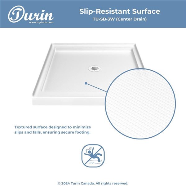 Turin LowStep 32x32x2.5-in Slip-Resistant Acrylic Alcove Shower Base w/ Centre Drain - White