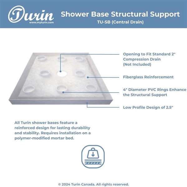 Turin LowStep 32x32x2.5-in Slip-Resistant Acrylic Alcove Shower Base w/ Centre Drain - White