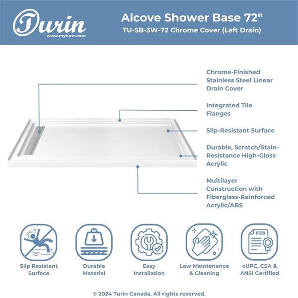 Turin LinearLux 72x48x3.5-in Slip-Resistant Acrylic Alcove Shower Base w/ Left Drain + Chrome Cover - White