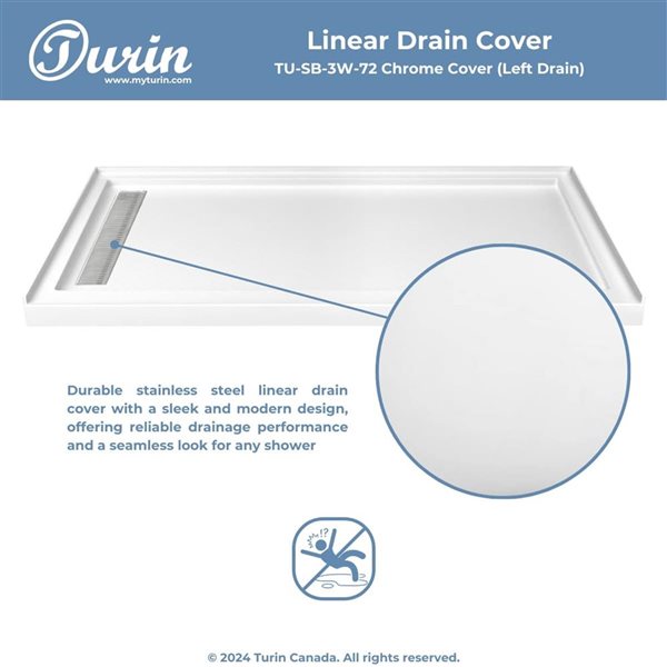 Turin LinearLux 72x48x3.5-in Slip-Resistant Acrylic Alcove Shower Base w/ Left Drain + Chrome Cover - White