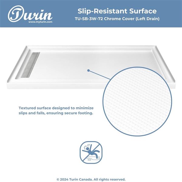 Turin LinearLux 72x48x3.5-in Slip-Resistant Acrylic Alcove Shower Base w/ Left Drain + Chrome Cover - White
