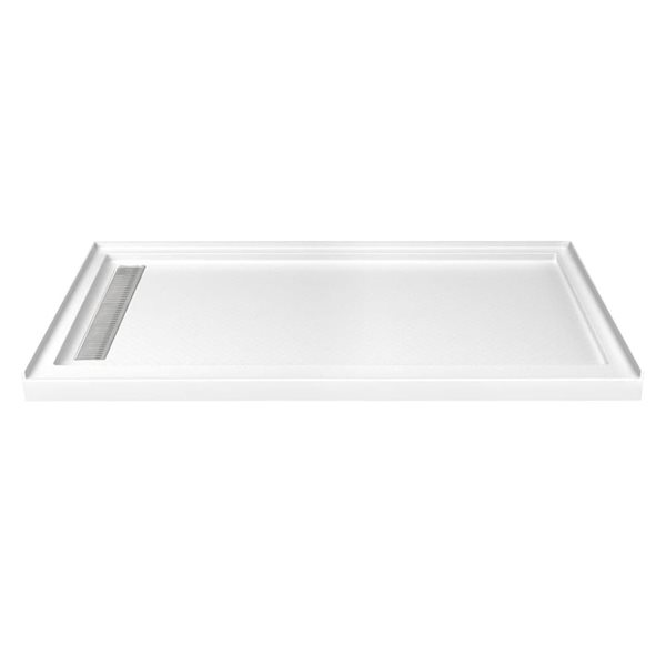 Turin LinearLux 72x48x3.5-in Slip-Resistant Acrylic Alcove Shower Base w/ Left Drain + Chrome Cover - White