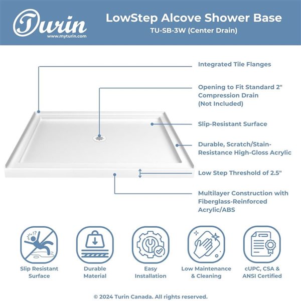 Turin LowStep 42x36x2.5-in Slip-Resistant Acrylic Alcove Shower Base w/ Centre Drain - White