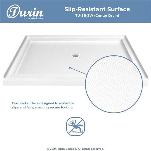 Turin LowStep 42x36x2.5-in Slip-Resistant Acrylic Alcove Shower Base w/ Centre Drain - White