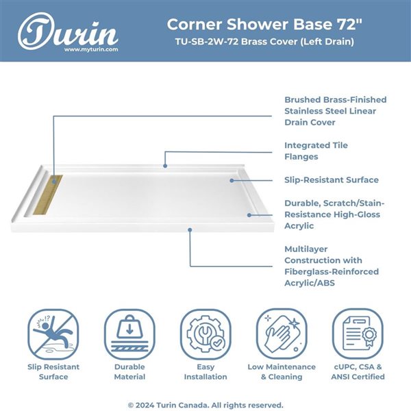 Turin LinearLux 72 x 48 x 3.5-in Acrylic Corner Slip-Resistant Shower Base w/ Left Drain + Brass Cover - White