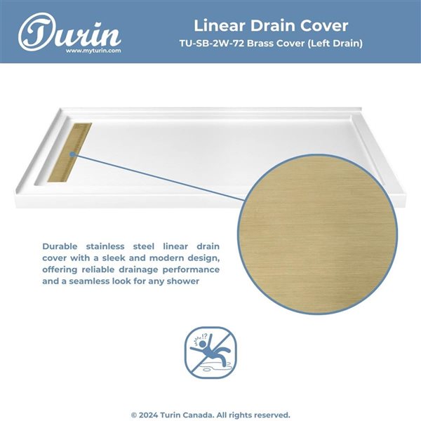 Turin LinearLux 72 x 48 x 3.5-in Acrylic Corner Slip-Resistant Shower Base w/ Left Drain + Brass Cover - White