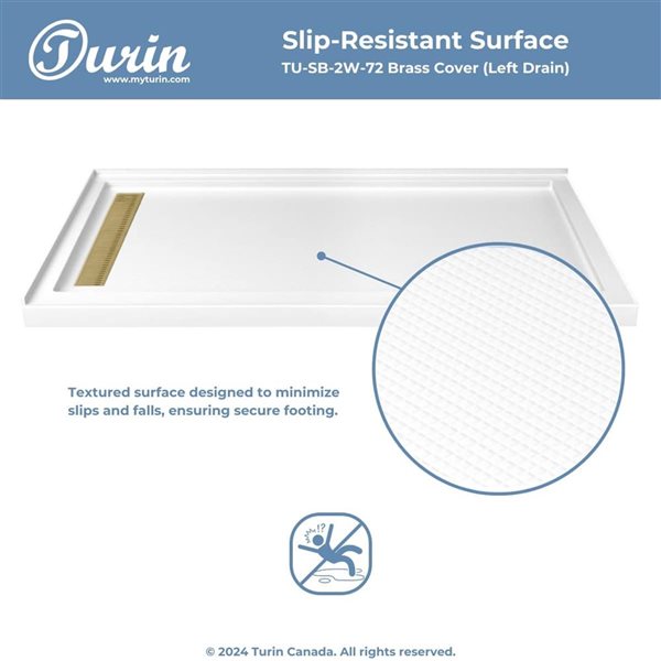 Turin LinearLux 72 x 48 x 3.5-in Acrylic Corner Slip-Resistant Shower Base w/ Left Drain + Brass Cover - White