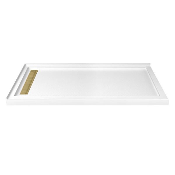 Turin LinearLux 72 x 48 x 3.5-in Acrylic Corner Slip-Resistant Shower Base w/ Left Drain + Brass Cover - White