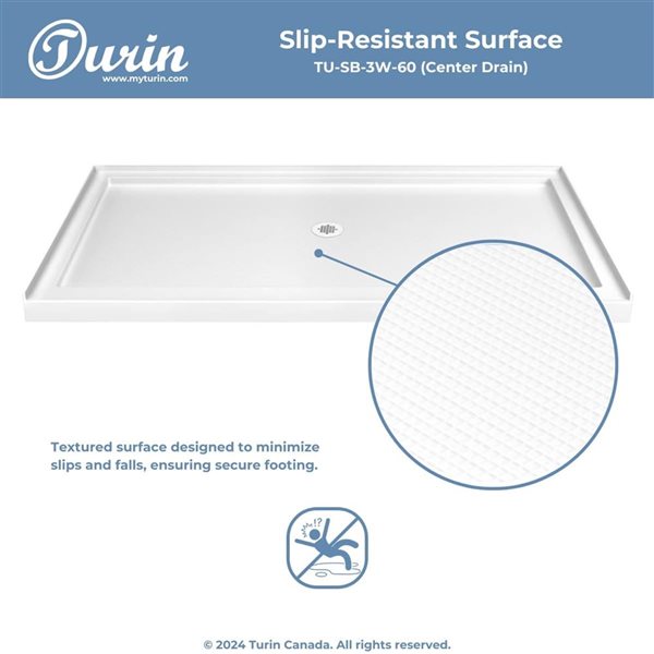 Turin LowStep 60x36x2.5-in Slip-Resistant Acrylic Alcove Shower Base w/ Centre Drain - White