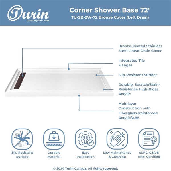 Turin LinearLux 72 x 35 x 3.5-in Acrylic Corner Slip-Resistant Shower Base w/ Left Drain + Bronze Cover - White
