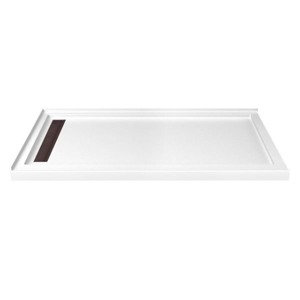 Turin LinearLux 72 x 35 x 3.5-in Acrylic Corner Slip-Resistant Shower Base w/ Left Drain + Bronze Cover - White