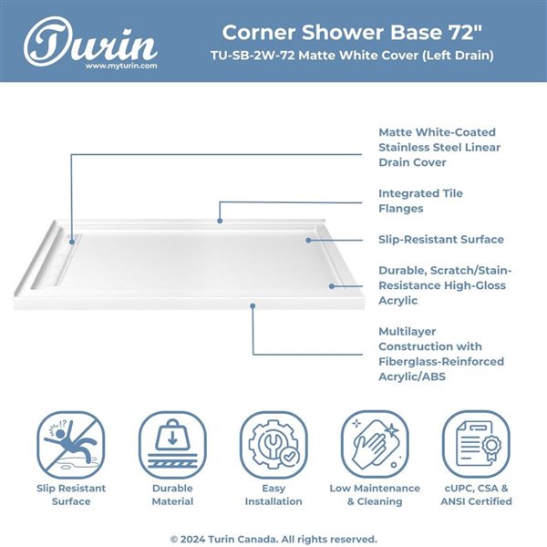 Turin LinearLux 72 x 35 x 3.5-in Acrylic Corner Slip-Resistant Shower Base w/ Left Drain + White Cover - White