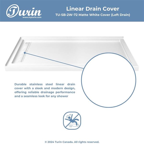 Turin LinearLux 72 x 35 x 3.5-in Acrylic Corner Slip-Resistant Shower Base w/ Left Drain + White Cover - White