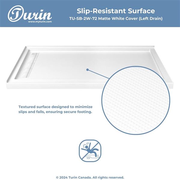 Turin LinearLux 72 x 35 x 3.5-in Acrylic Corner Slip-Resistant Shower Base w/ Left Drain + White Cover - White