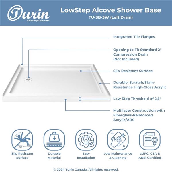Turin LowStep 48x34x2.5-in Slip-Resistant Acrylic Alcove Shower Base w/ Left Drain - White