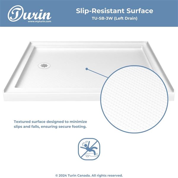 Turin LowStep 48x34x2.5-in Slip-Resistant Acrylic Alcove Shower Base w/ Left Drain - White