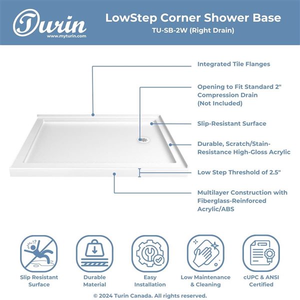 Turin LowStep 42 x 30 x 2.5-in Acrylic Corner Slip-Resistant Shower Base w/ Right Drain - White